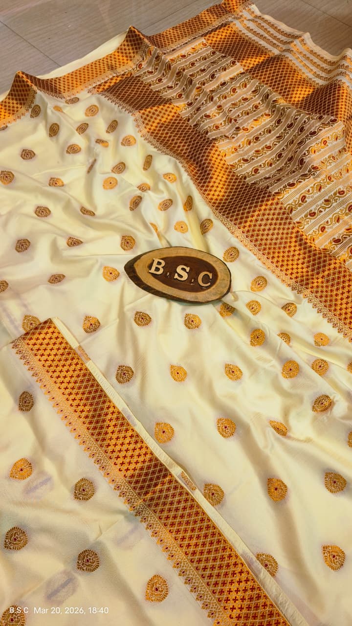 Elegant Ivory Assam Silk Saree with Mustard Gold Handwork Border & Blouse Piece