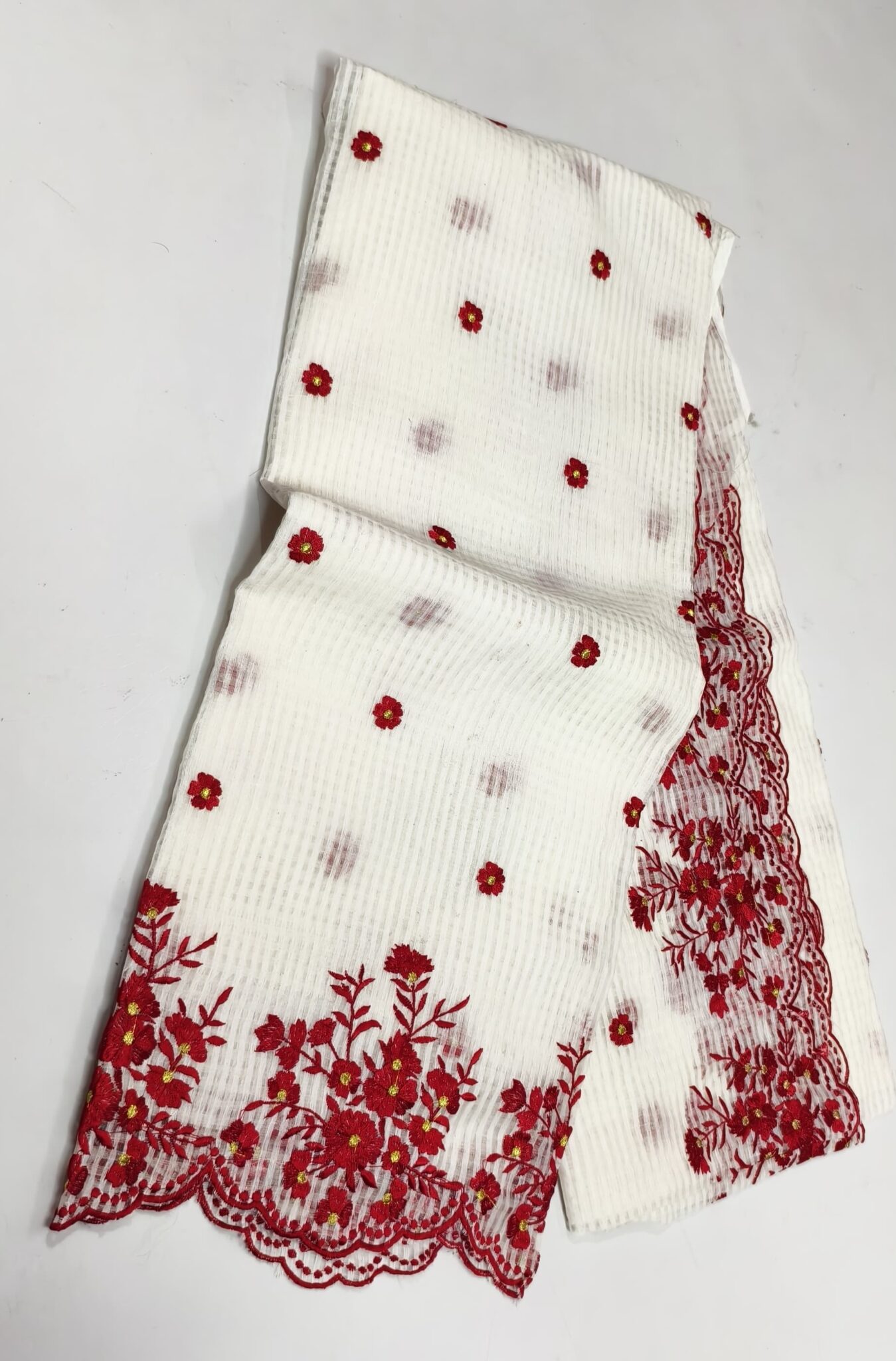 Elegant Off White Kota Doria Saree with Red Floral Cutwork Hand Embroidery | Designer Festive Wear Saree for Women