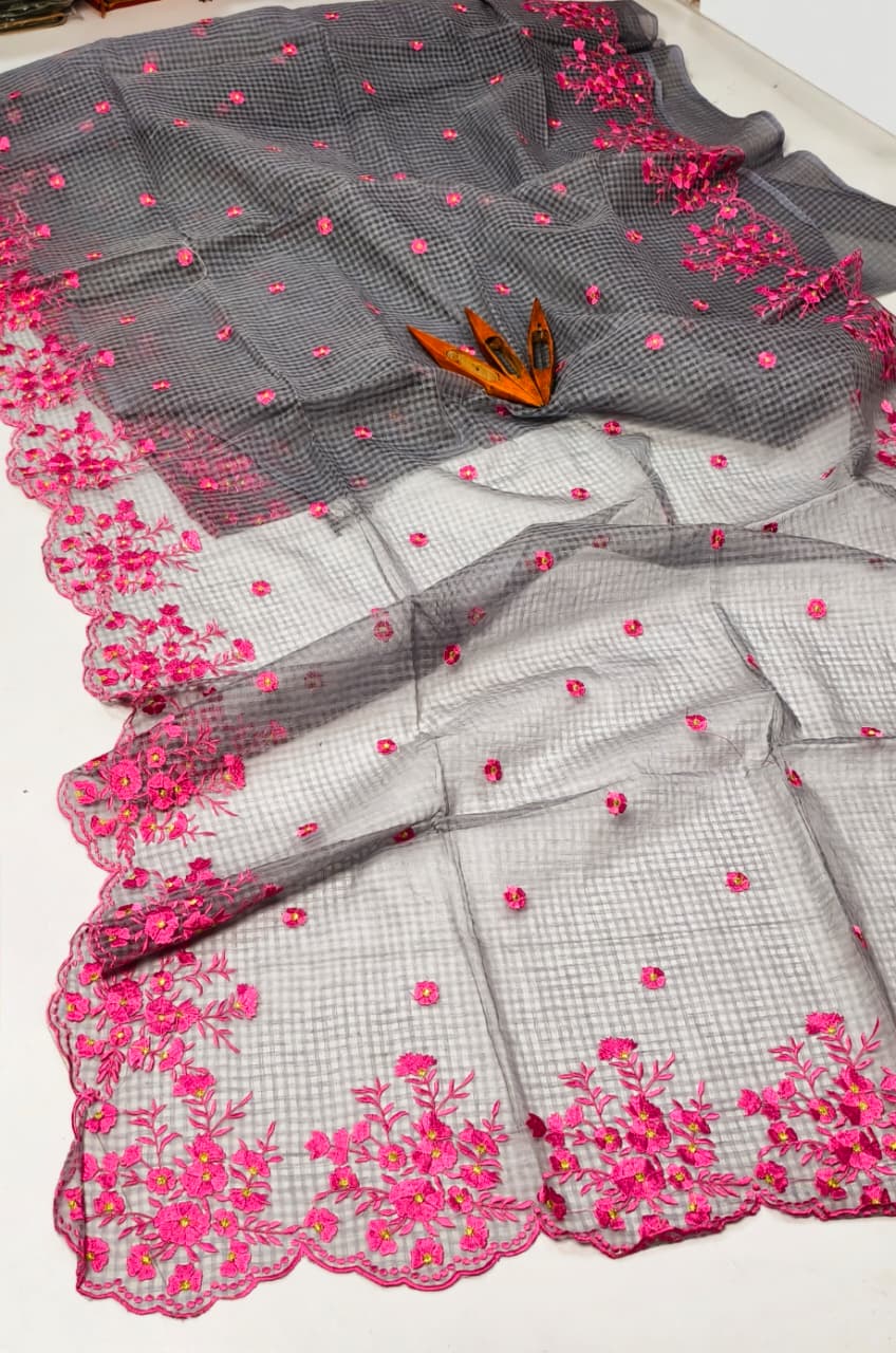 Elegant Smoky Grey Kota Doria Saree with Pink Floral Cutwork Hand Embroidery | Designer Party Wear Saree for Women