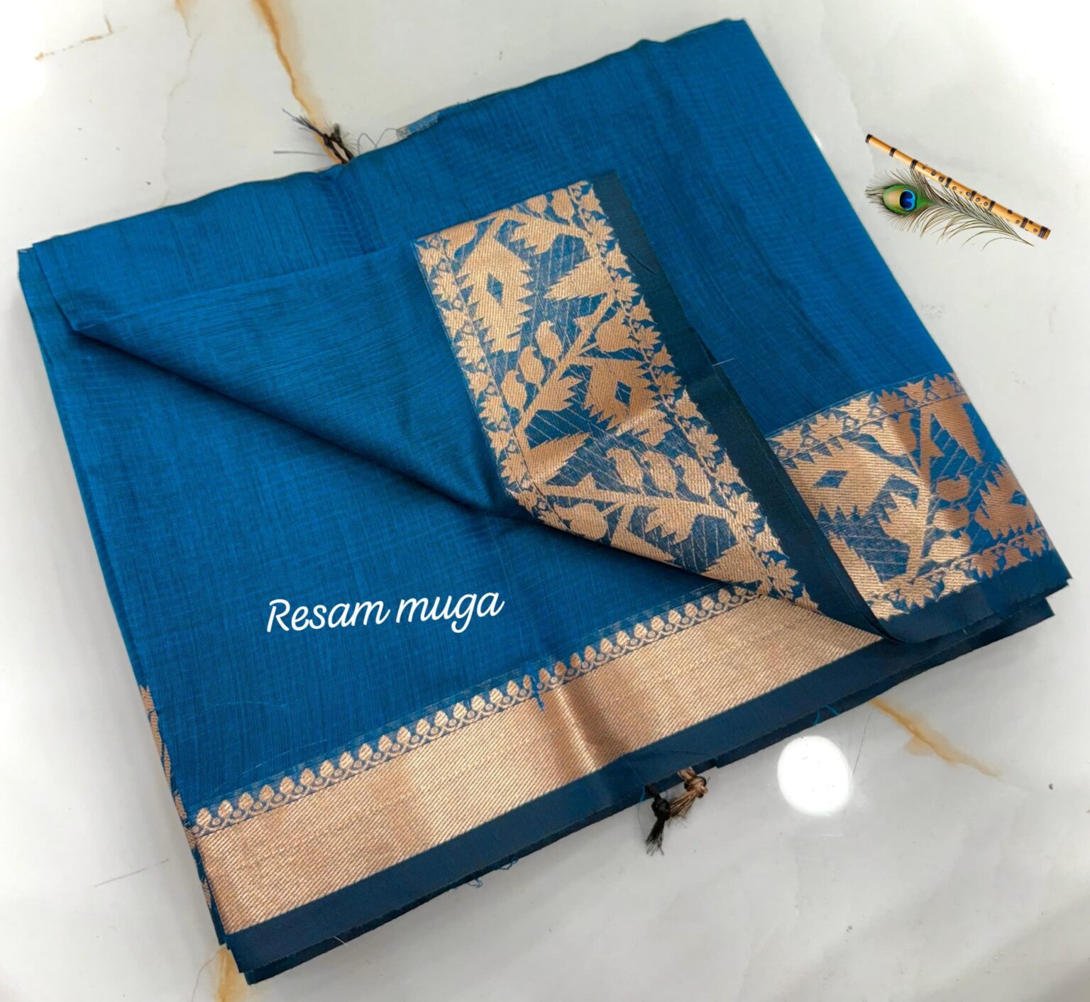 Elegant Teal Blue Pure Resham Muga Silk Saree with Antique Gold Zari Woven Border & Blouse Piece | Handcrafted Festive & Wedding Wear
