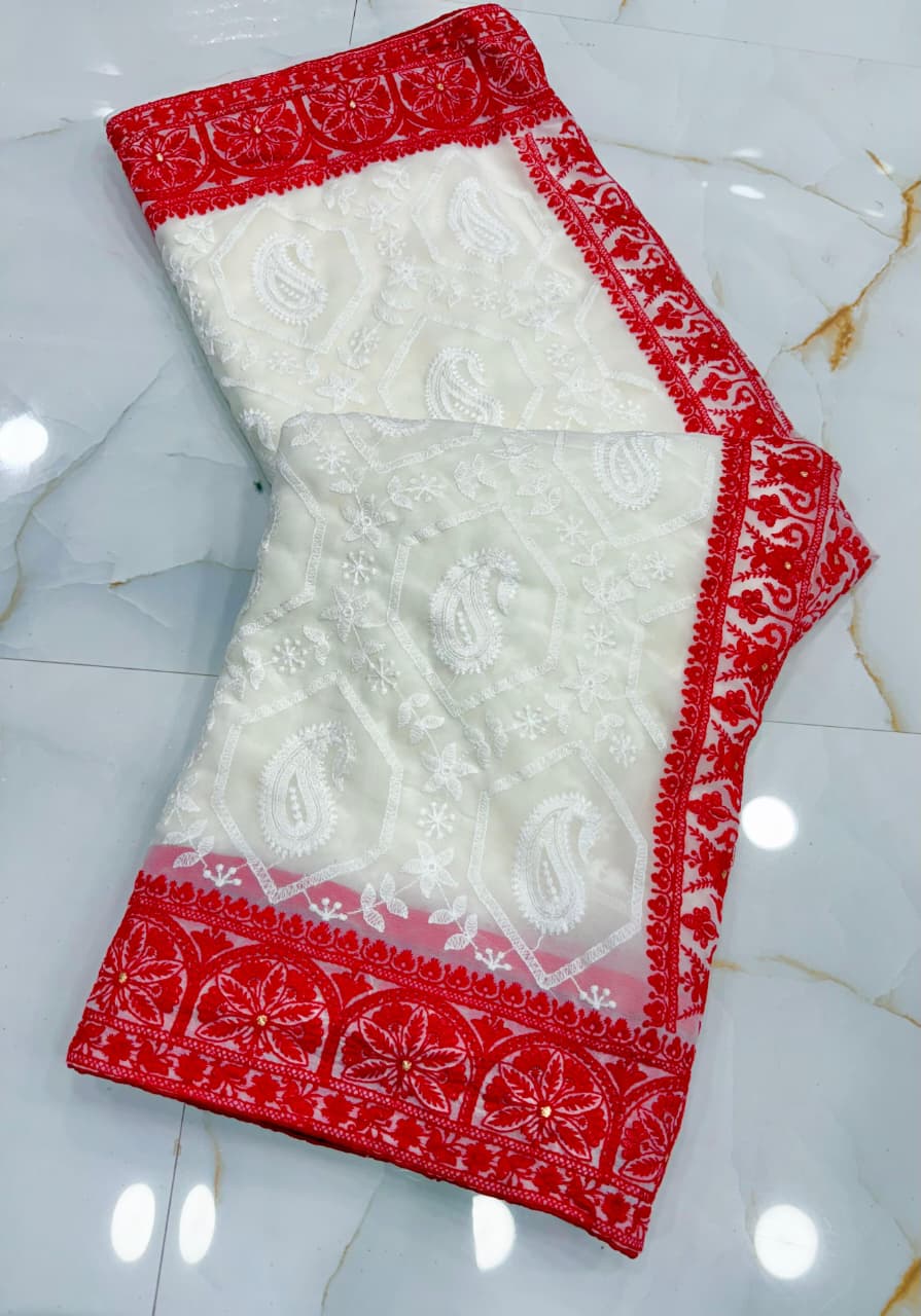 Elegant White & Red Handcrafted Pure Chiffon Lucknowi Chikankari Saree with Blouse Piece