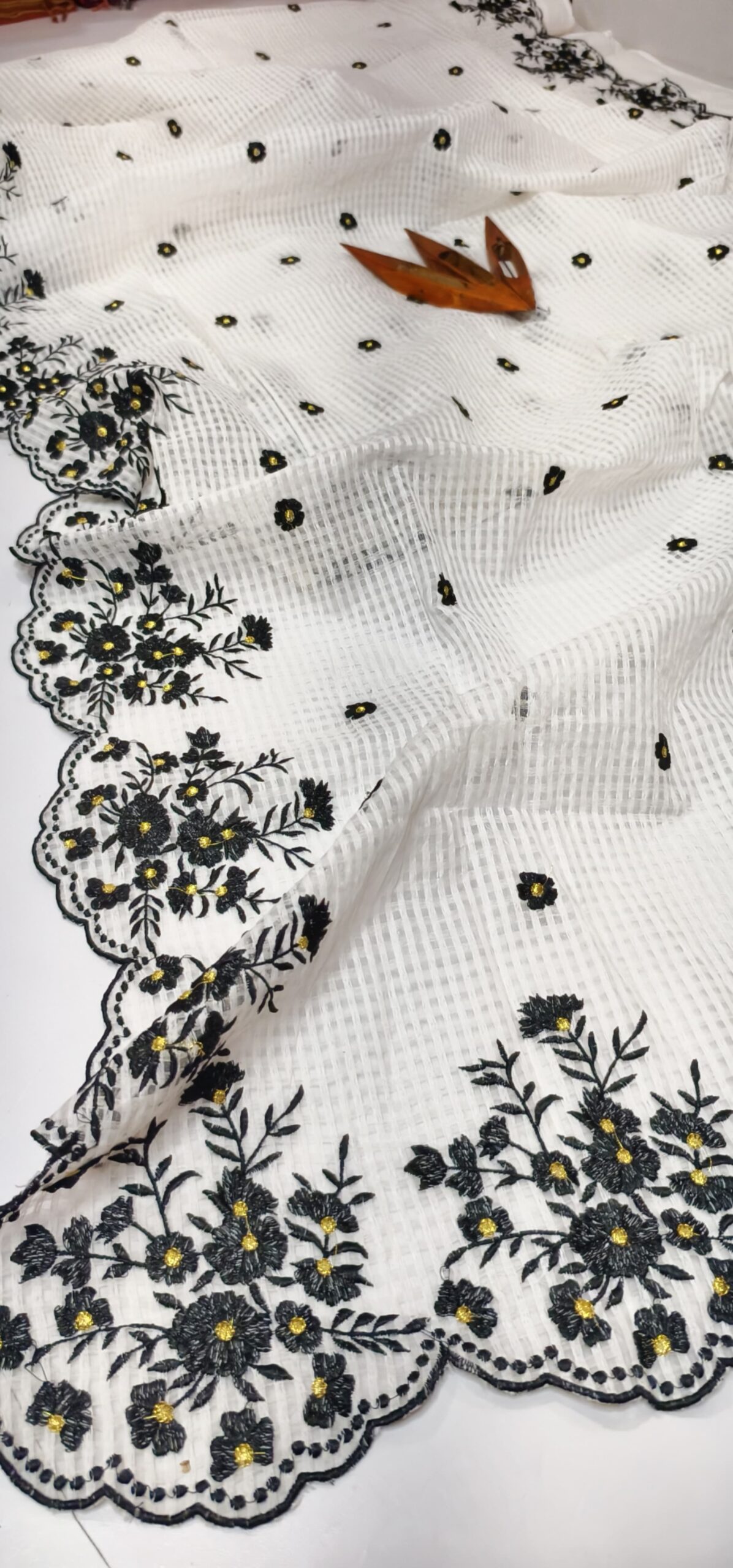 Elegant White Kota Doria Saree with Black Floral Cutwork Hand Embroidery | Designer Party Wear Saree for Women