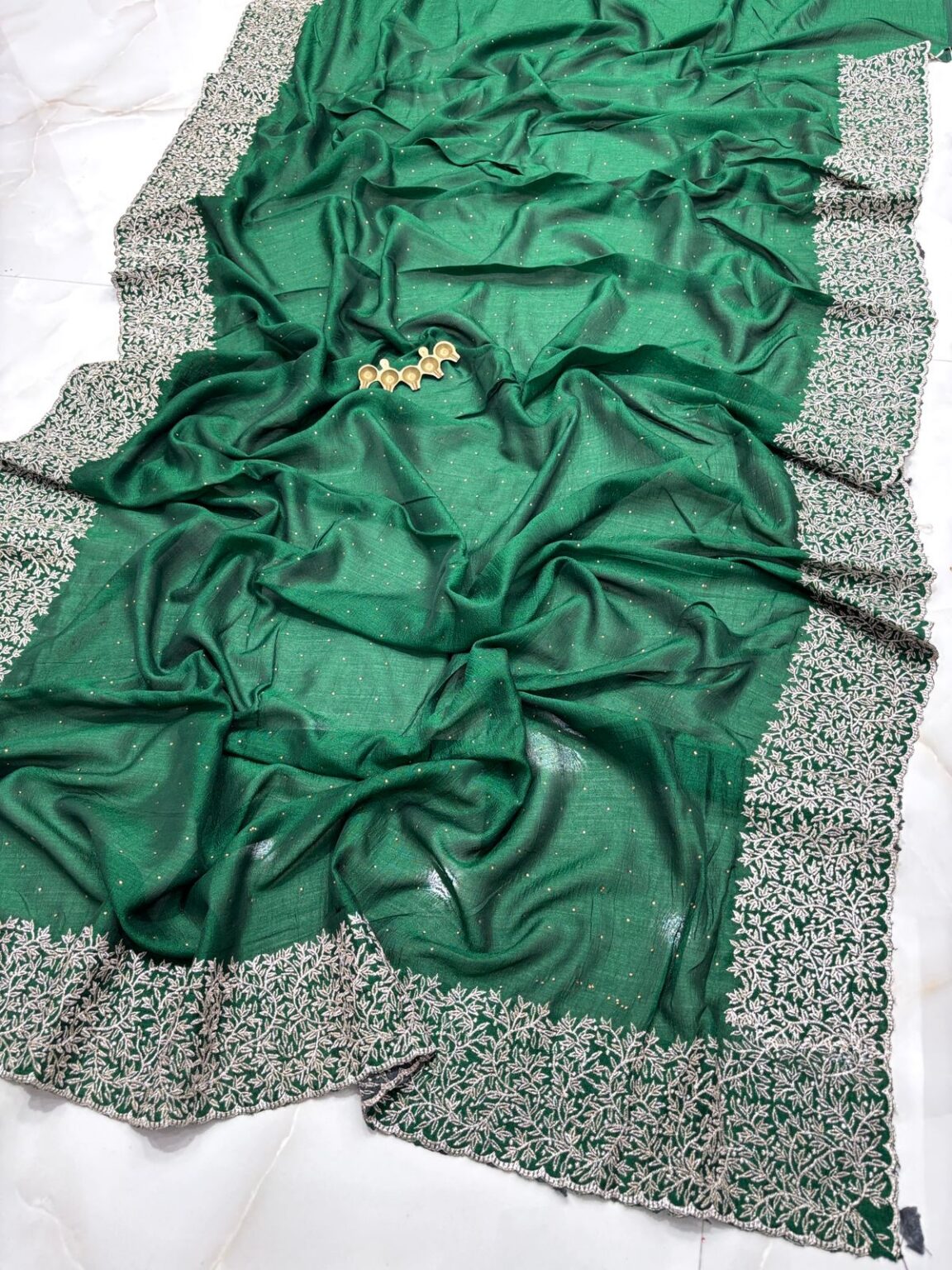 Emerald Forest Green Vichitra Silk Saree with Silver Floral Embroidery Border & Blouse Piece | Party Wear Collection