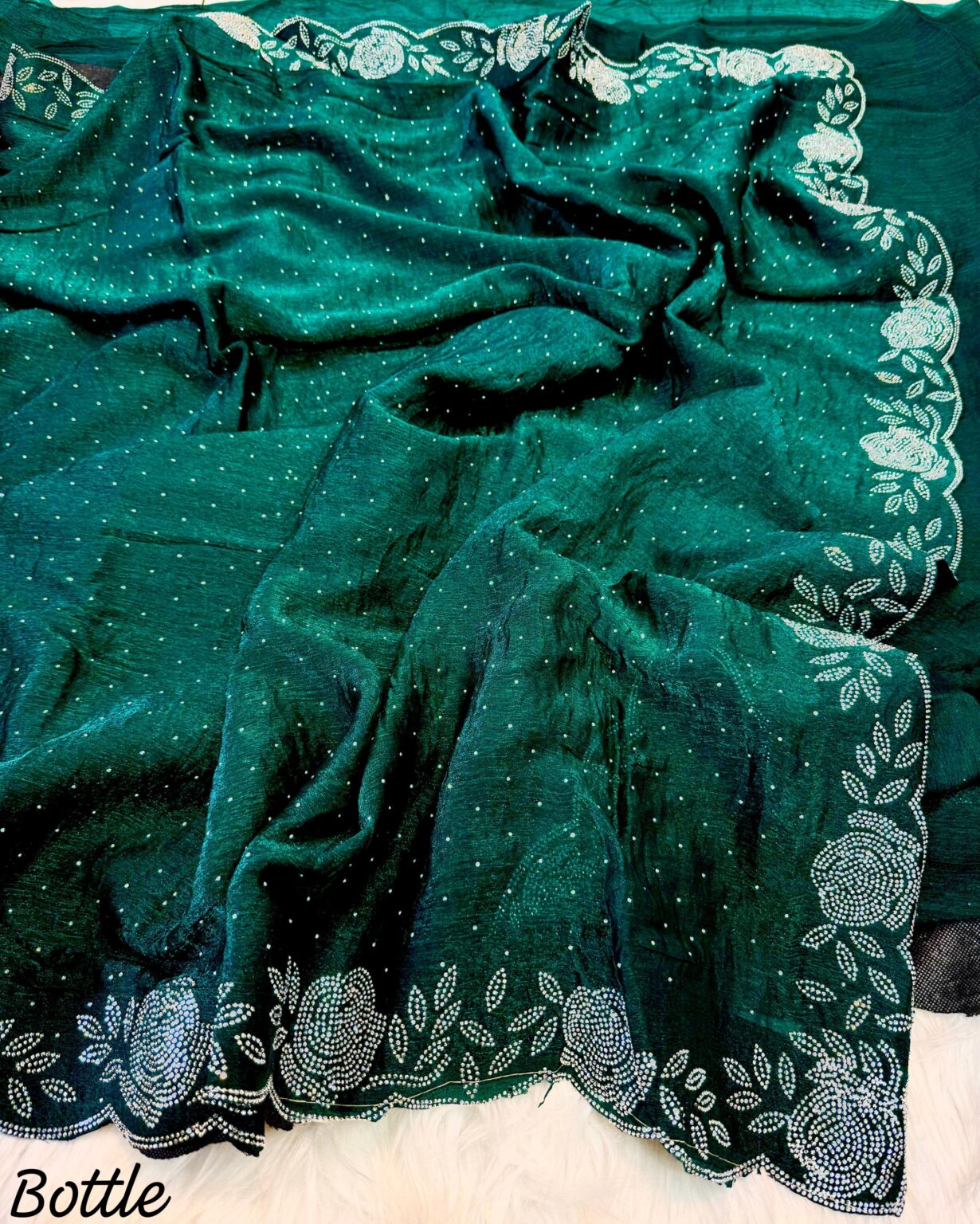 Emerald Grace: Bottle Green Satin Georgette Saree with Hand-Embellished Stone Detailing