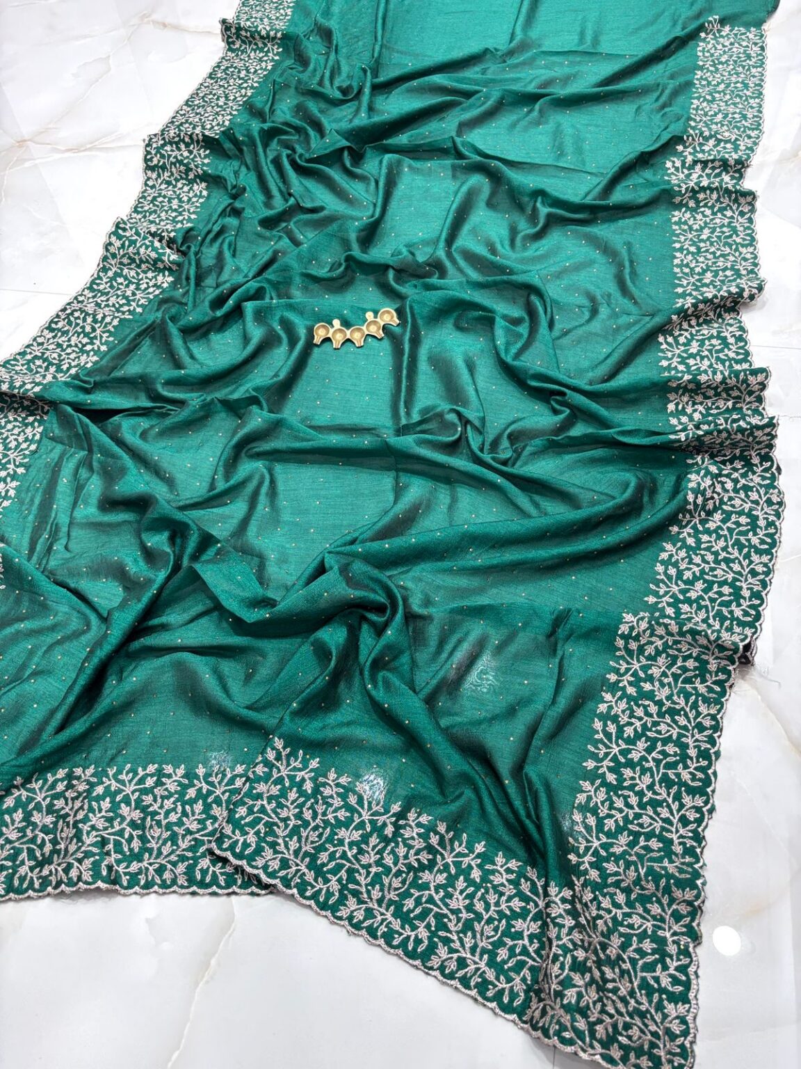 Emerald Green Vichitra Silk Party Wear Saree with Silver Floral Embroidered Border & Blouse Piece