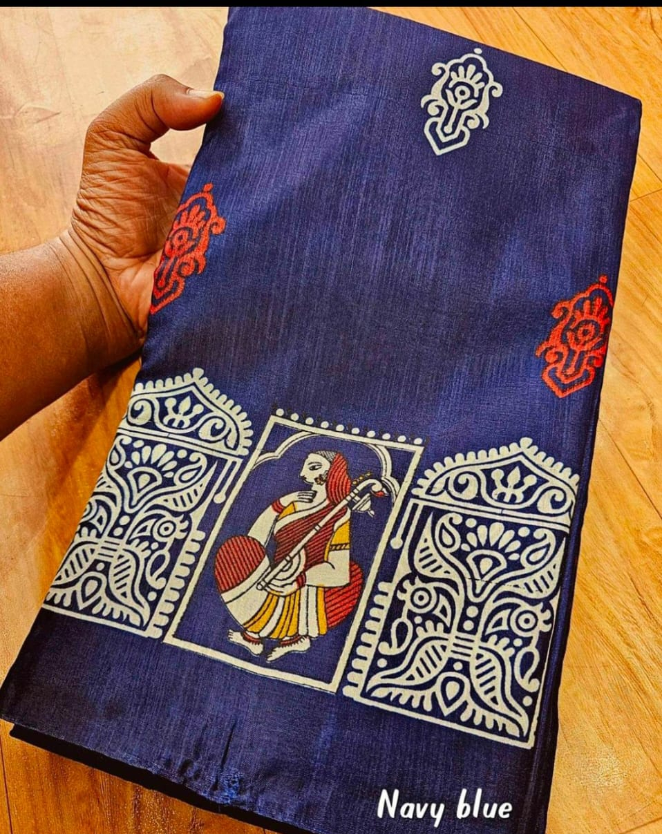 Exquisite Navy Blue Tussar Silk Handcrafted Saree – Timeless Elegance in Free Size
