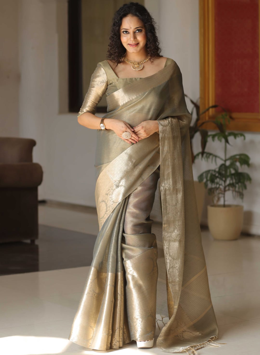 Golden Dusk – Handcrafted Banarasi Kota Tissue Saree in Light Taupe with Gold Zari