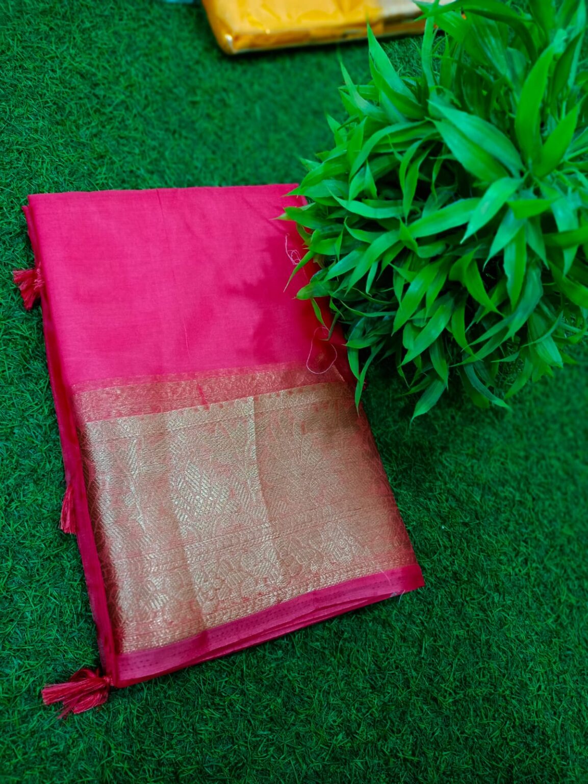 Golden Grace in Pink – Handcrafted Maslin Organza Saree with Matching Blouse