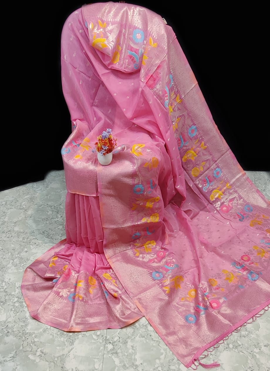 Graceful Handwoven Pink Paithani Silk Linen Saree with All-Over Butti & Blouse Piece