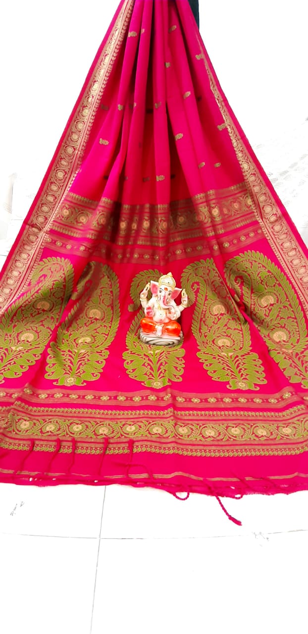 Graceful Pink & Gold Handwoven Baluchari Saree in Premium Cotton Maslight with Blouse Piece