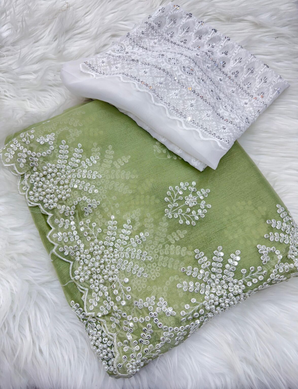 Graceful Sage Green Silk Saree with Hand Embroidery & Pearl Handwork | Designer Embroidered Blouse Piece