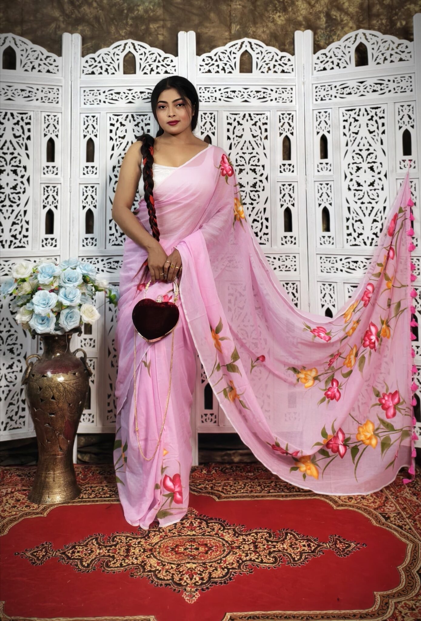 Hand-Painted Baby Pink Mul Cotton Saree with Multicolor Floral Artwork