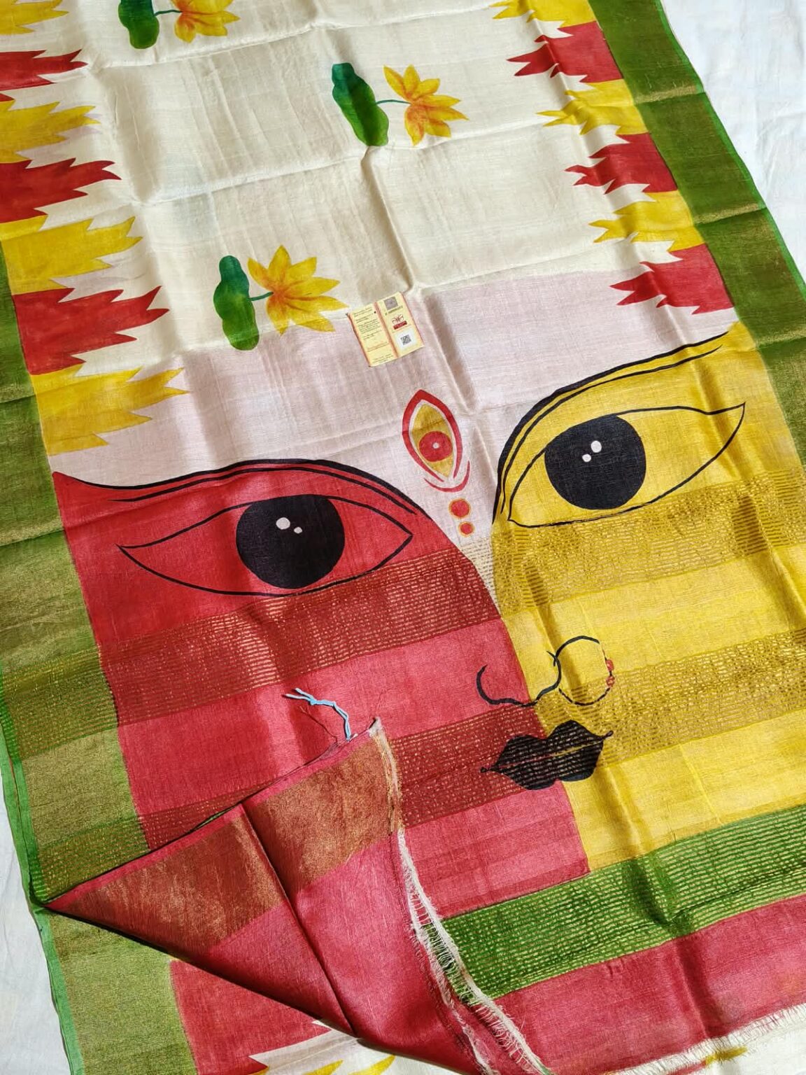Hand-Painted Bishnupuri Zari Pure Tussar Silk Saree with Artistic Face & Floral Motifs – Blouse Piece & Silk Mark Tag