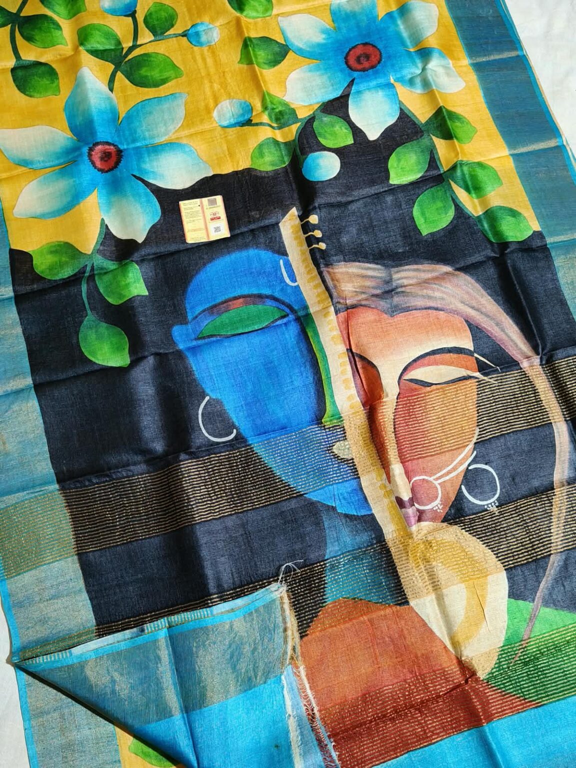 Hand-Painted Bishnupuri Zari Pure Tussar Silk Saree with Artistic Floral & Portrait Motifs – Silk Mark Tag & Blouse Piece