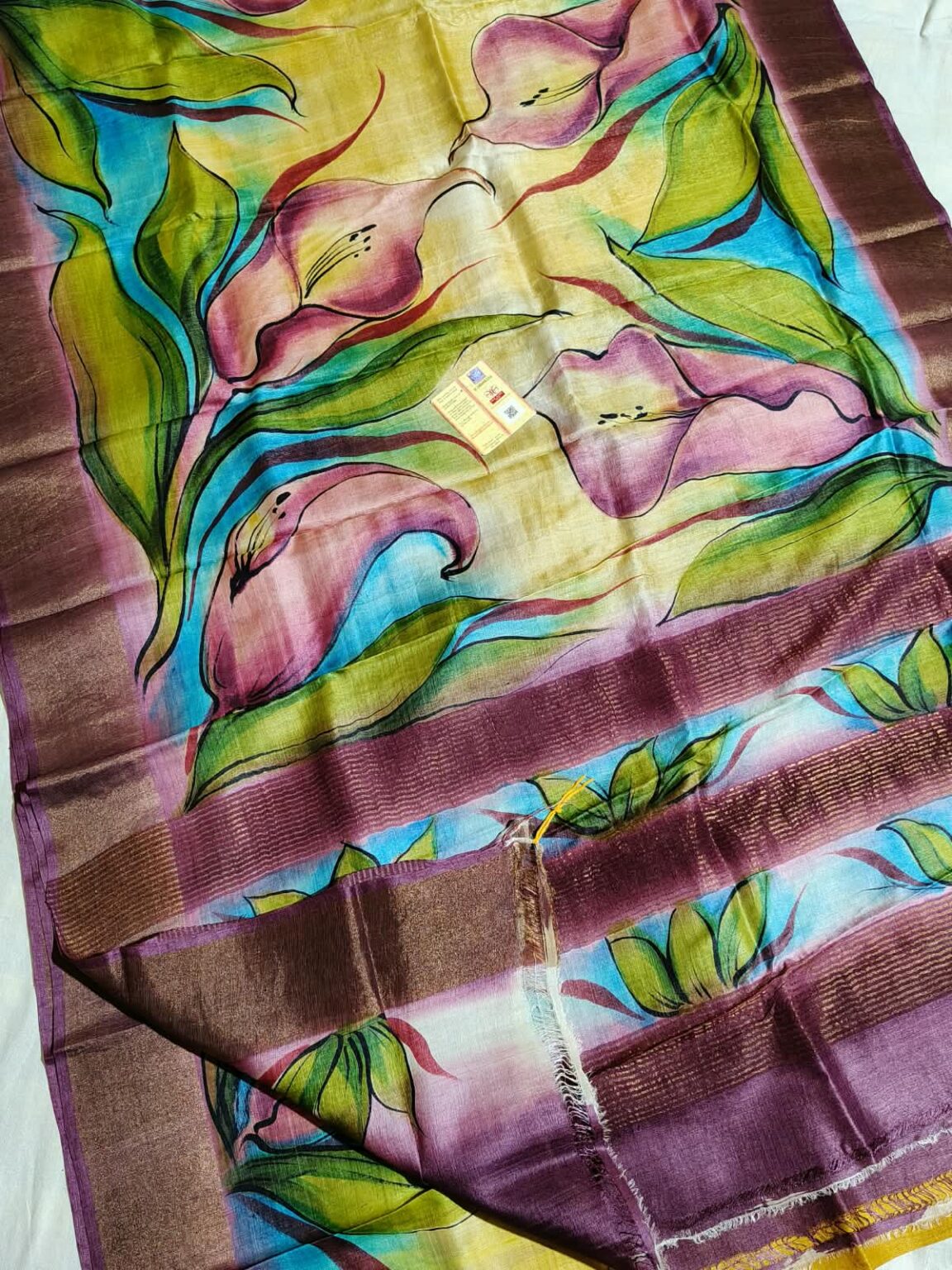 Hand-Painted Bishnupuri Zari Pure Tussar Silk Saree with Elegant Floral & Leaf Motifs – Blouse Piece & Silk Mark Tag