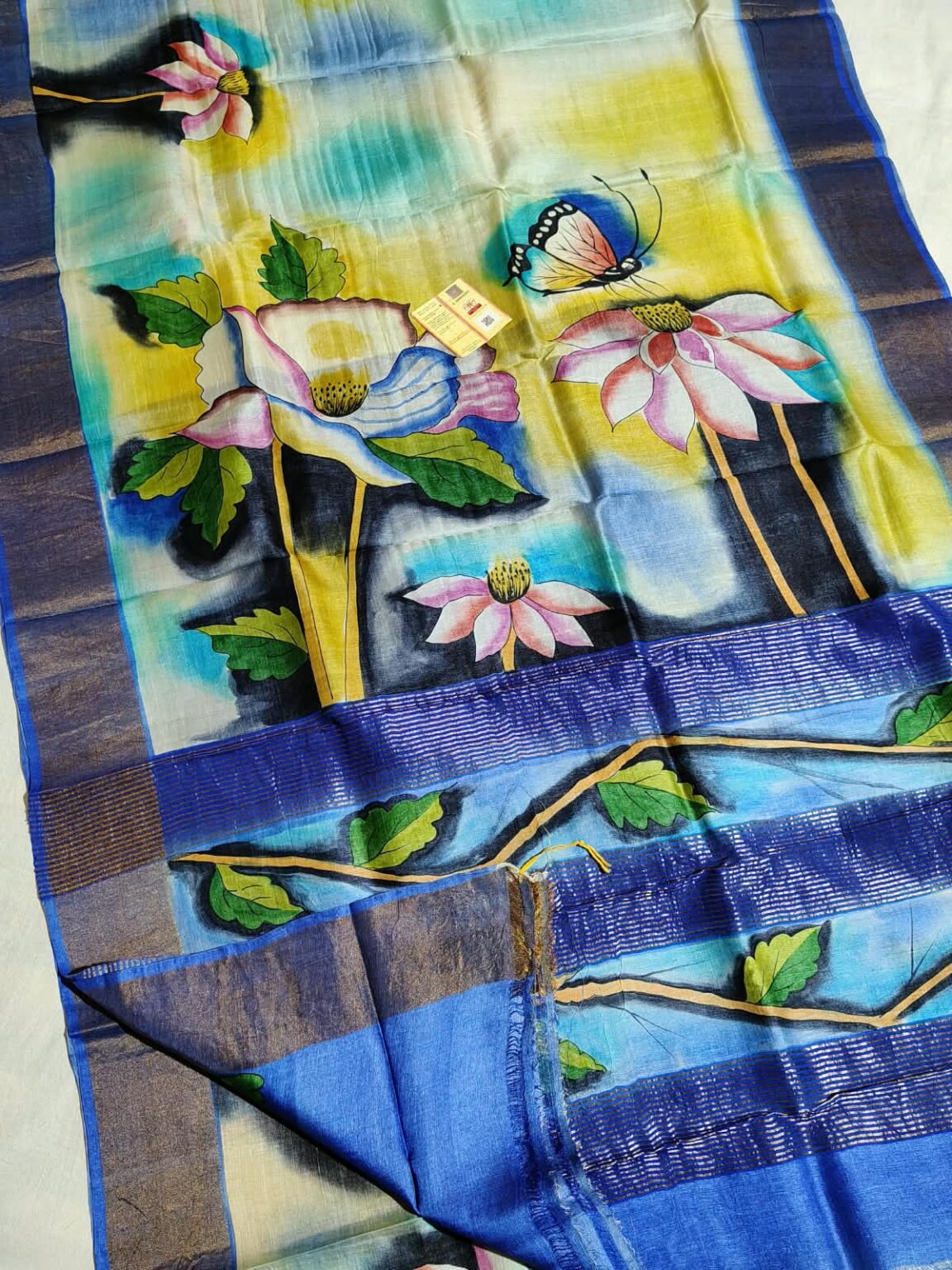 Hand-Painted Bishnupuri Zari Pure Tussar Silk Saree with Lotus & Butterfly Motifs – Blouse Piece & Silk Mark Tag