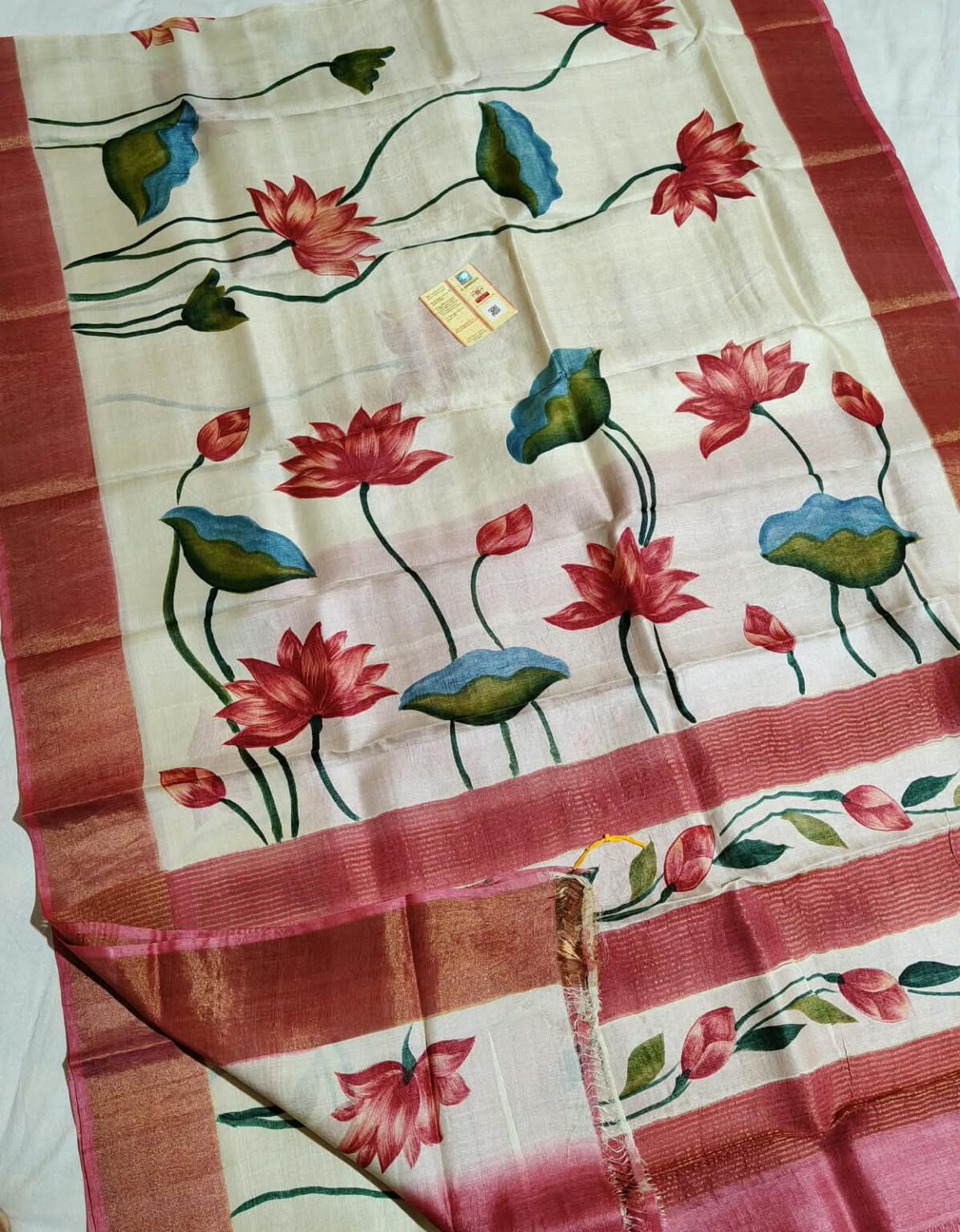 Hand-Painted Bishnupuri Zari Pure Tussar Silk Saree with Vibrant Lotus & Water Lily Motifs – Blouse Piece & Silk Mark Tag