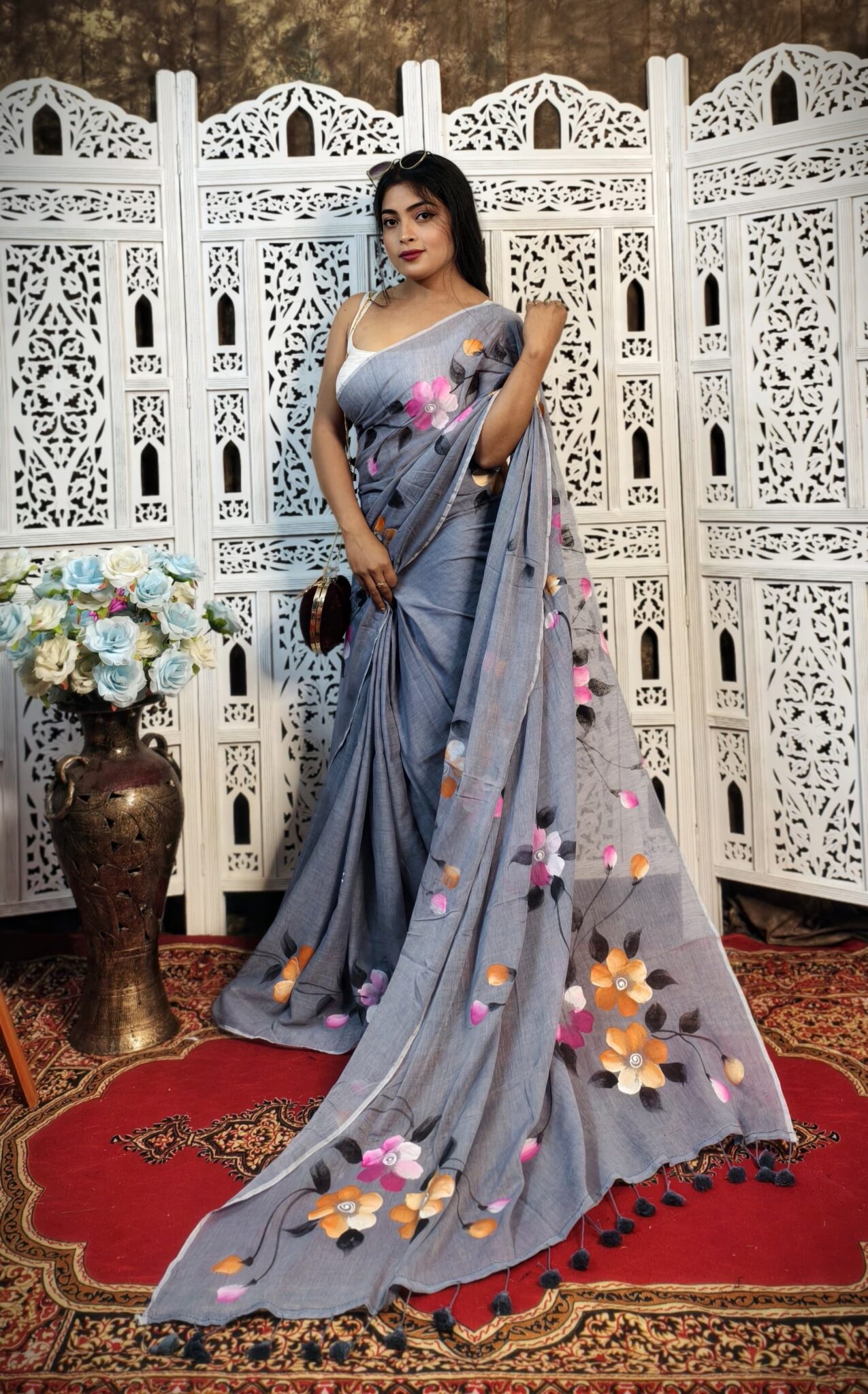 Hand-Painted Grey Mul Cotton Saree with Pink, Orange & White Floral Design