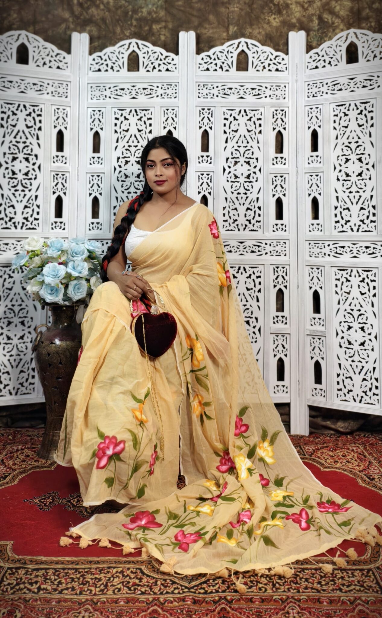 Hand-Painted Pale Yellow Mul Cotton Saree with Soft Pink & Yellow Floral Motifs