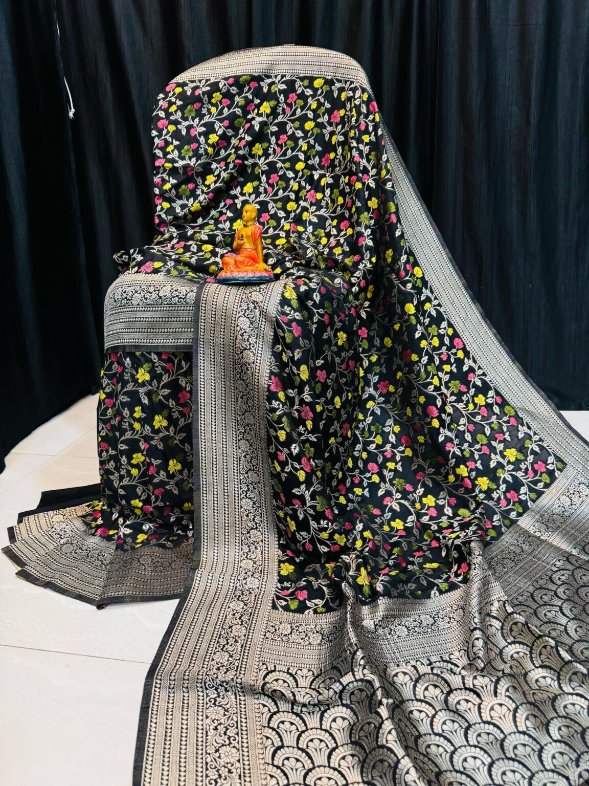 Handcrafted Black Khadi Paithani Silk Saree with Silver Zari & Vibrant Meena Floral Motifs