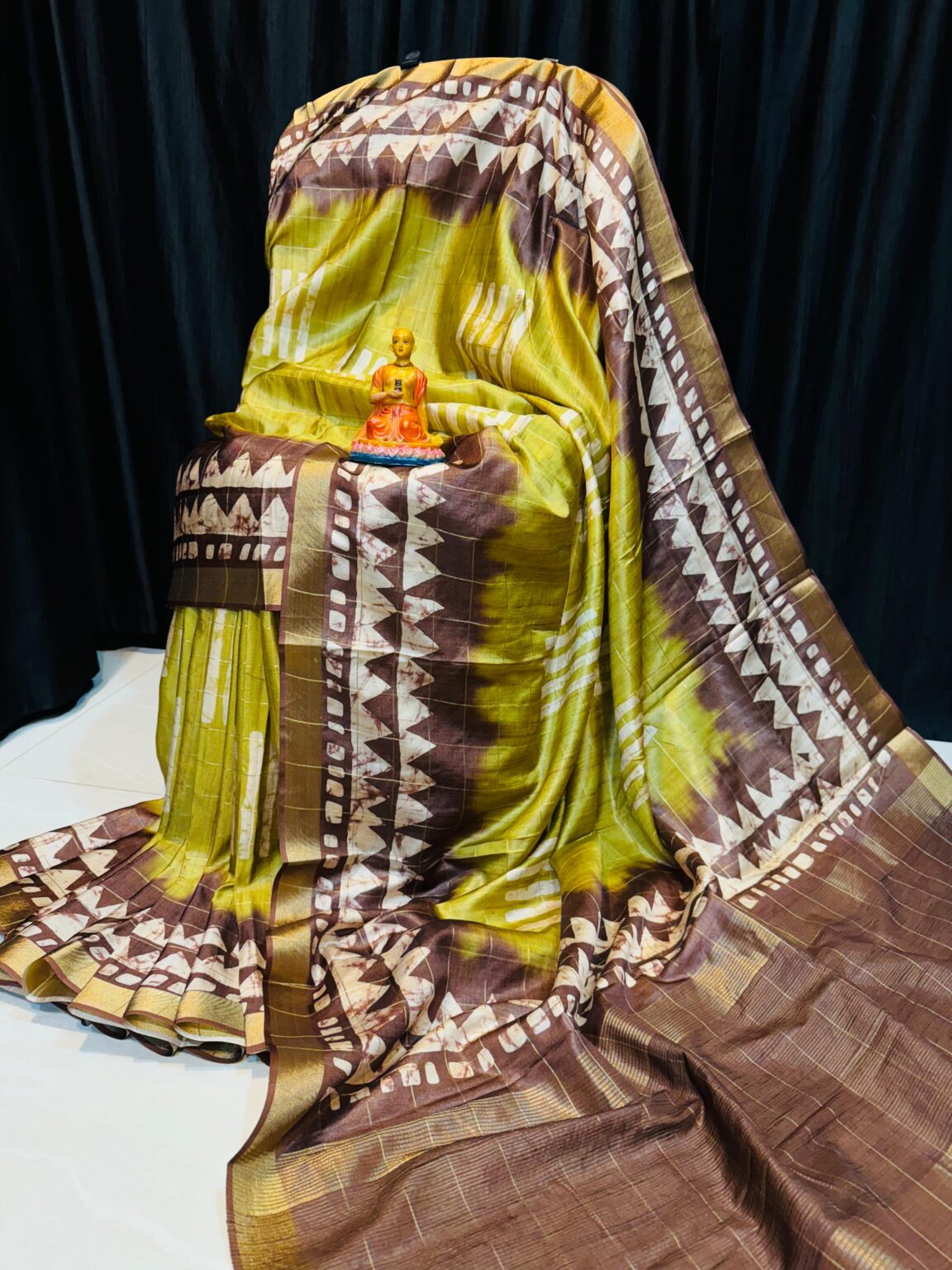 Handcrafted Chartreuse & Earth-Brown Modal Silk Saree with Tribal-Inspired Motifs & Blouse Piece