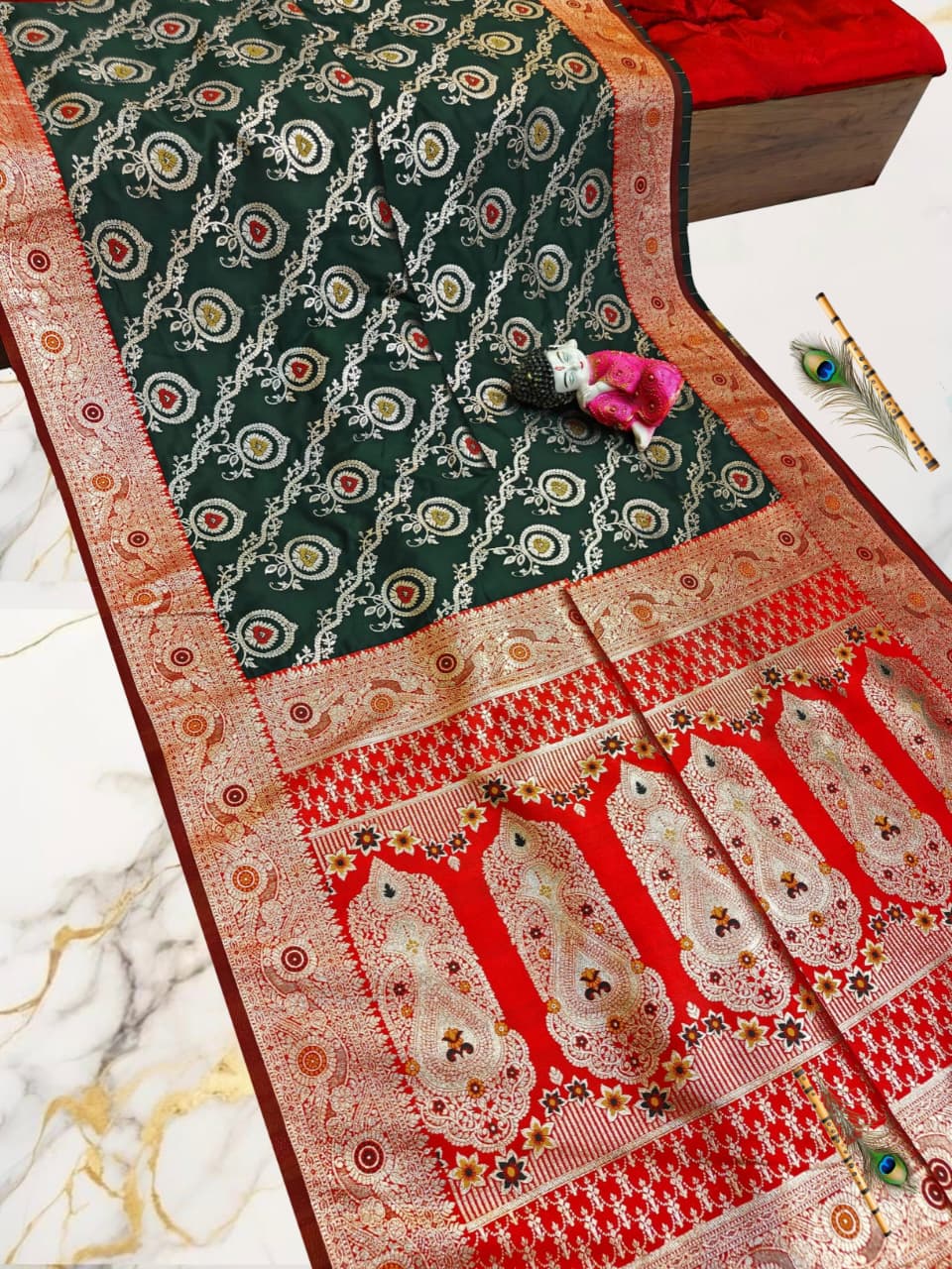 Handcrafted Dark Green & Red Puri Gazzi Satin Saree with Royal Zari Paisley Pallu & Blouse Piece