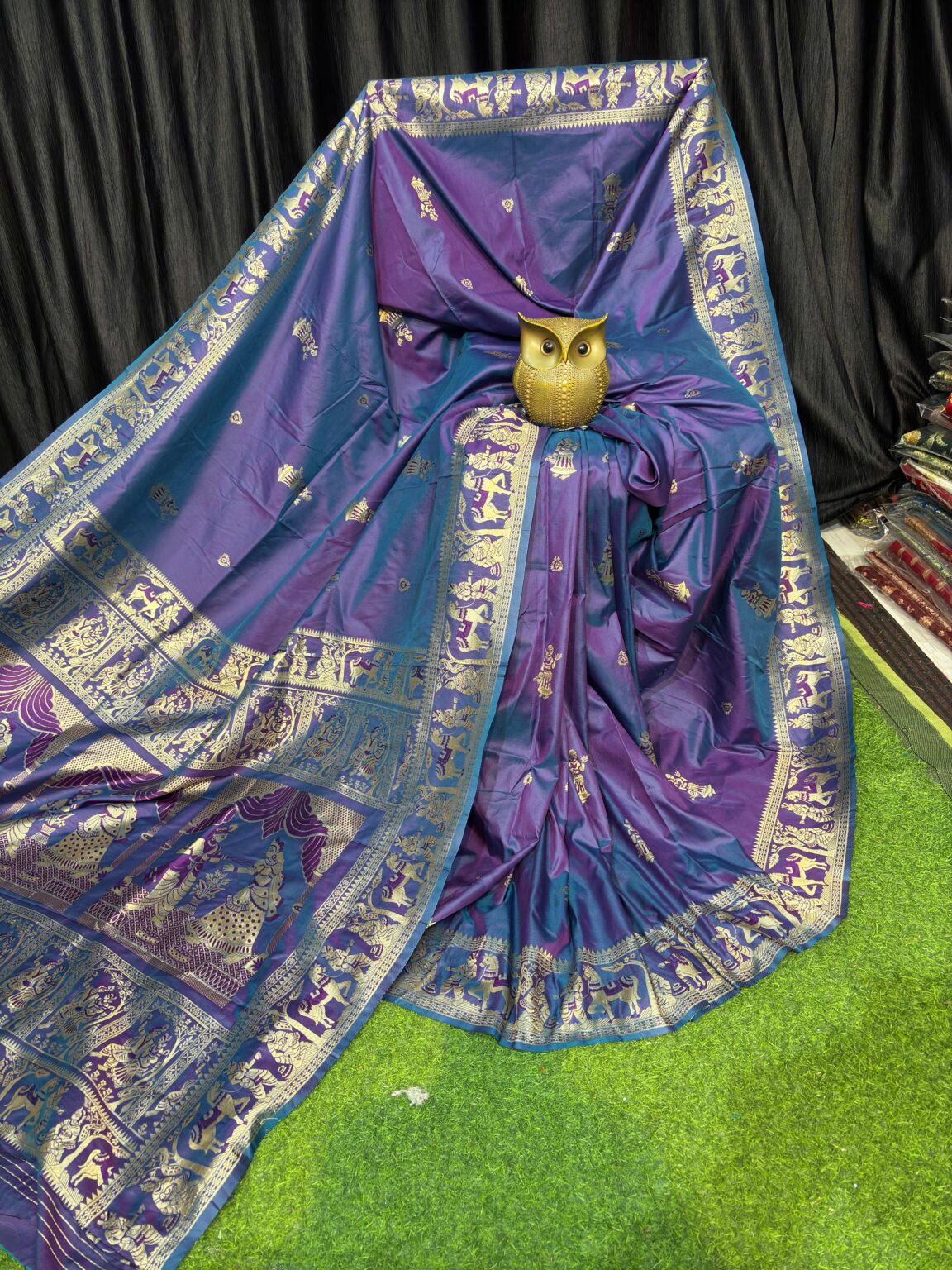 Handcrafted Deep Purple Bishnupuri Silk Saree with Golden Embellishments