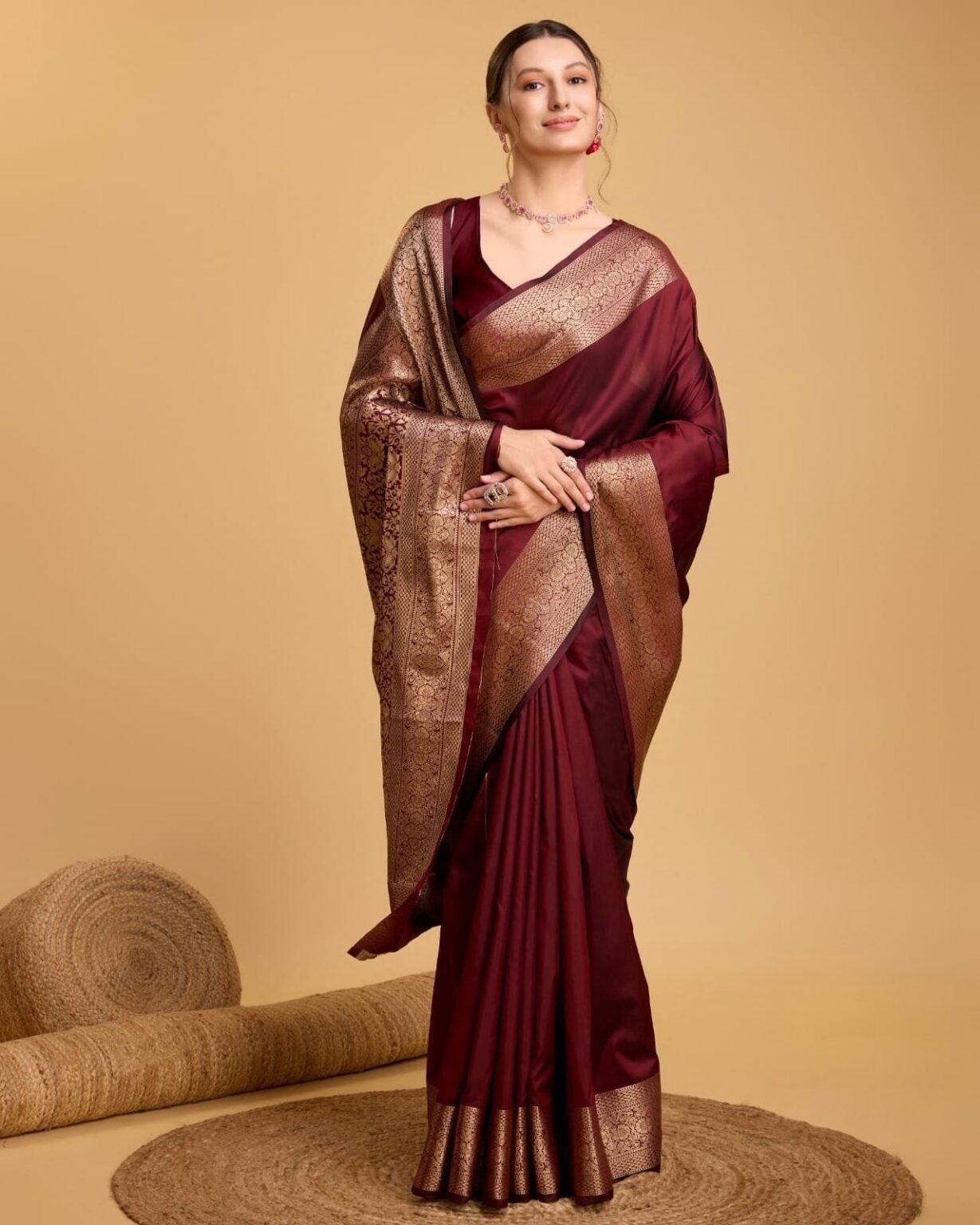 Handcrafted Deep Wine Kathan Silk Saree with Royal Golden Zari Weaving & Designer Pallu