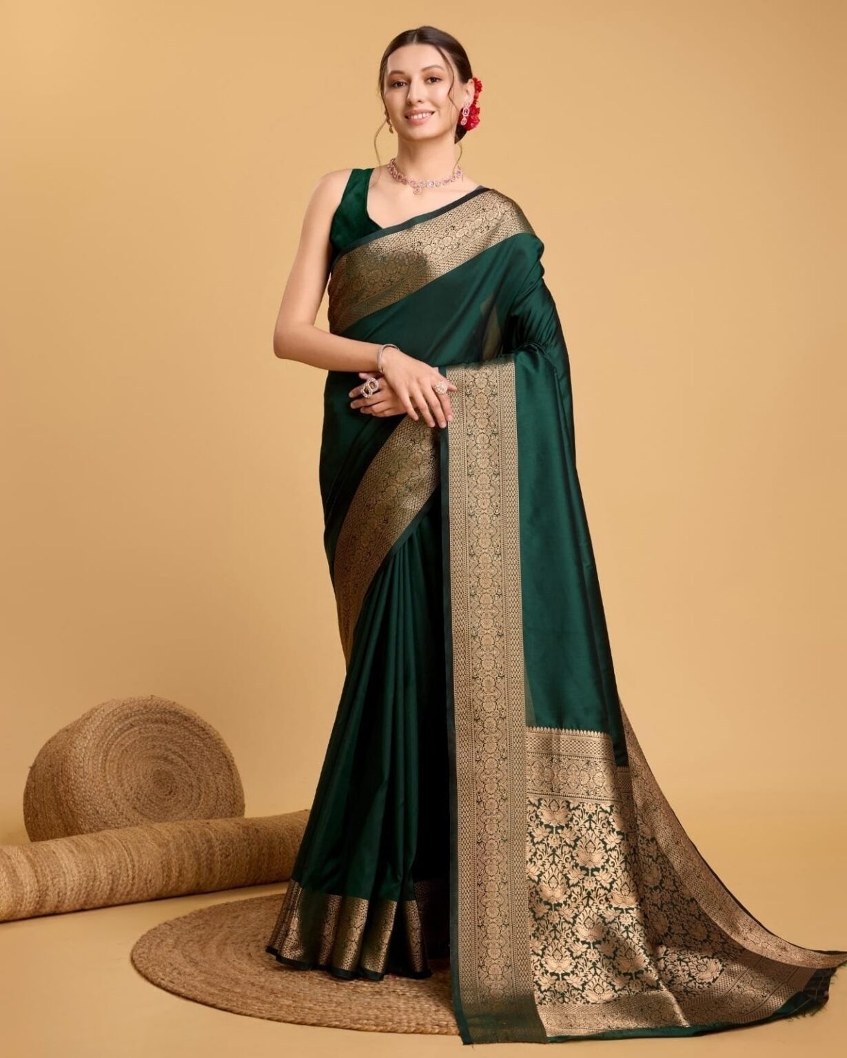 Handcrafted Emerald Green Kathan Silk Saree with Antique Gold Zari Border & Royal Floral Pallu   Handcrafted Emerald Green Kathan Silk Saree with Antique Gold Zari Border & Royal Floral Pallu