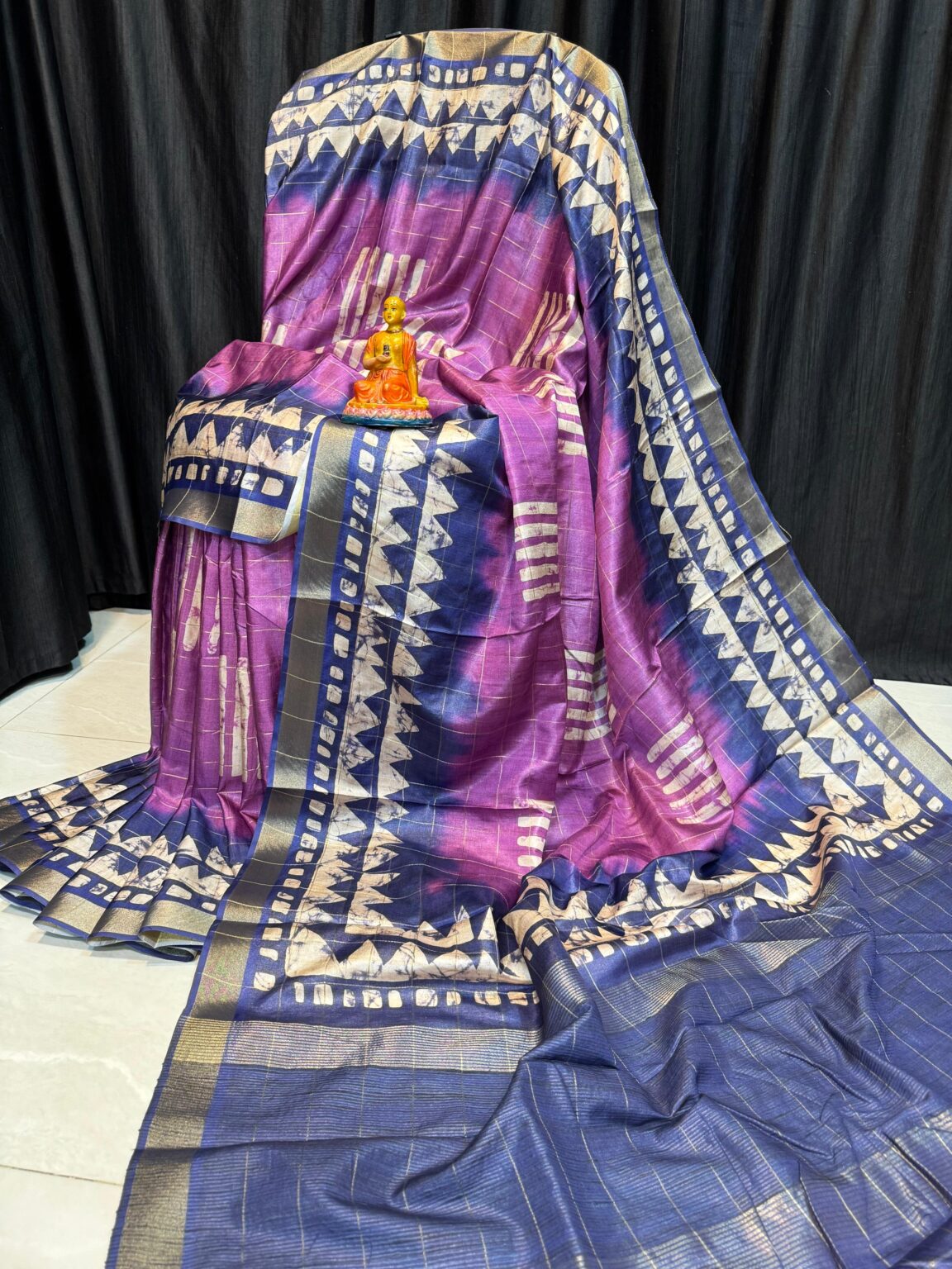 Handcrafted Light Beige Modal Silk Saree with Pink Floral Motifs, Teal-Gold Borders & Blouse Piece