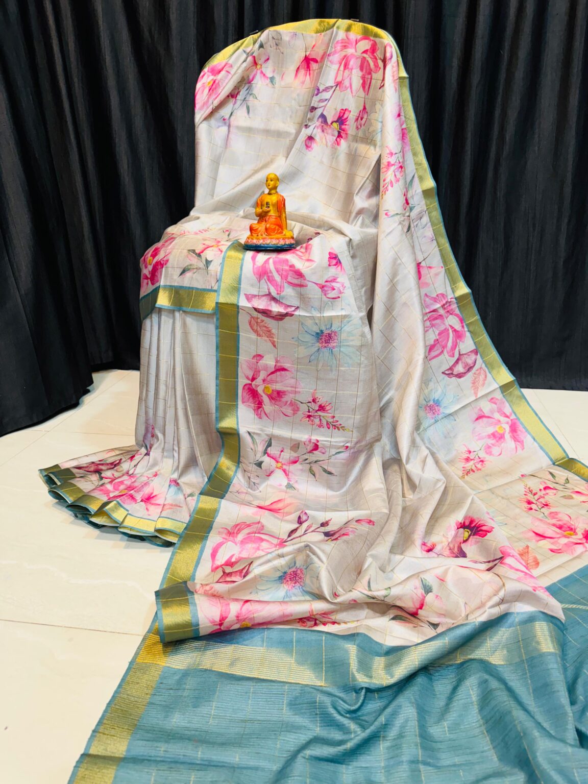 Handcrafted Light Beige Modal Silk Saree with Pink Floral Prints, Teal-Gold Borders & Blouse Piece