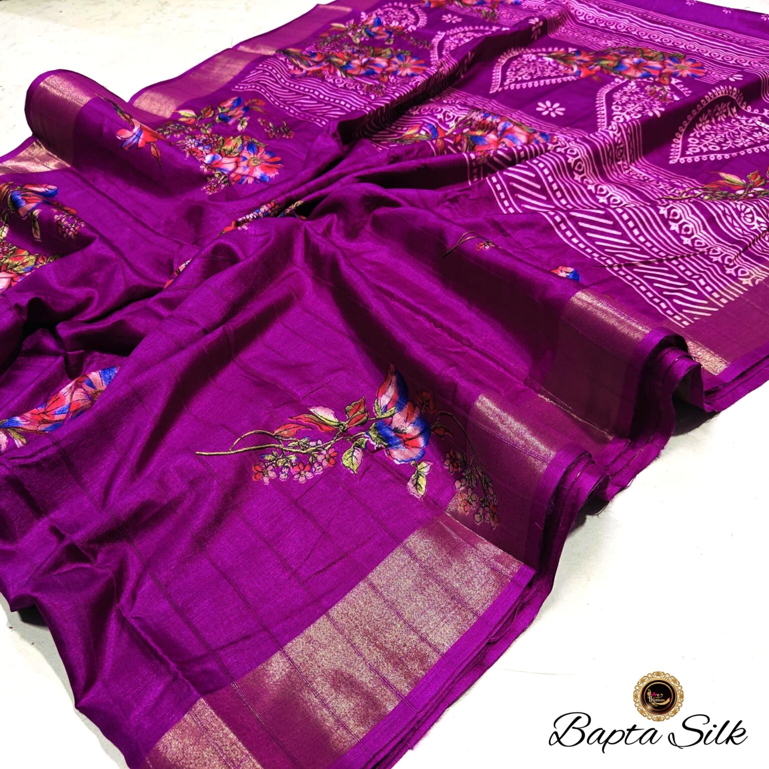 Handcrafted Magenta Pure Bapta Silk Saree with Floral Digital Print & Ethnic Designer Pallu | Premium Soft Silk Saree with Blouse Piece