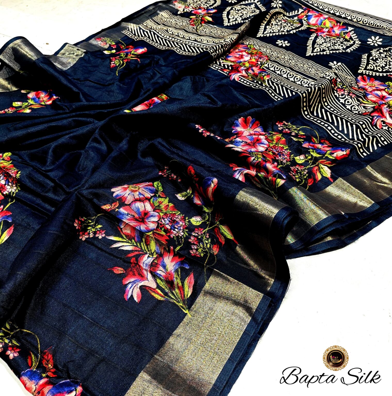 Handcrafted Midnight Blue Pure Bapta Silk Saree with Floral Digital Print & Artistic Pallu | Premium Soft Silk Saree with Blouse Piece