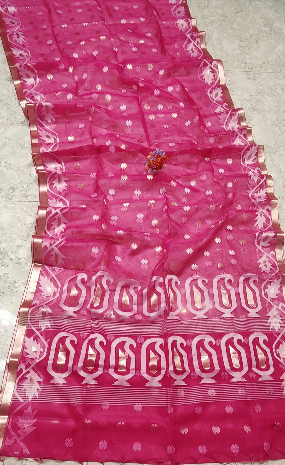 Handcrafted Muslin Silk Jamdani Pink Saree with Jari Butti Design & Matching Blouse Piece