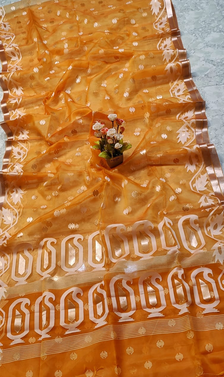 Handcrafted Muslin Silk Jamdani Saree in Yellowish Orange with All-Over Jari Butti & Border Design