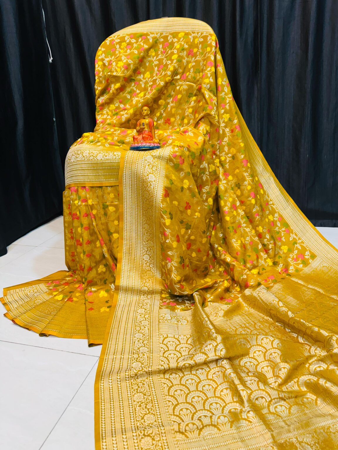 Handcrafted Mustard Yellow Khadi Paithani Silk Saree with Gold Zari & Subtle Meena Floral Motifs