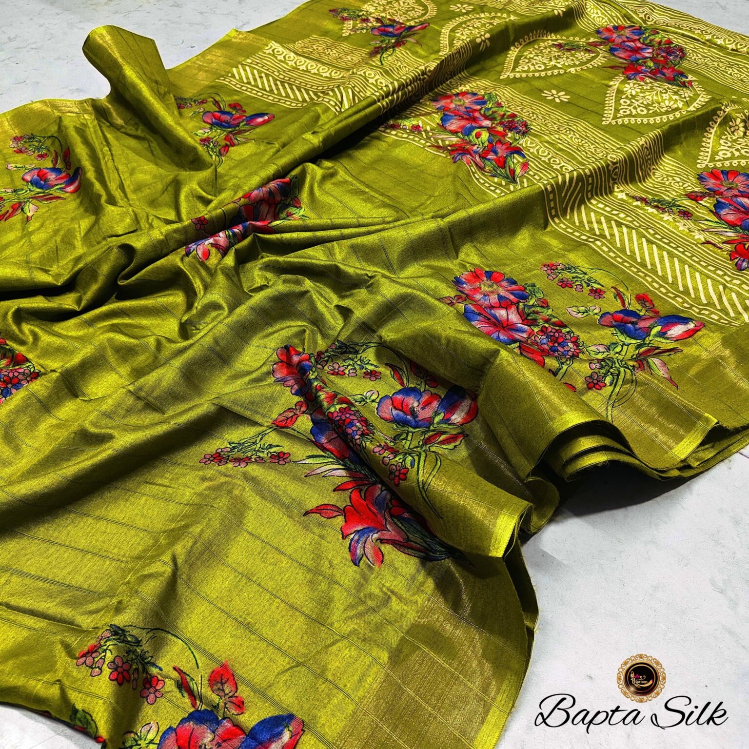 Handcrafted Olive Green Pure Bapta Silk Saree with Floral Digital Print & Designer Pallu | Premium Soft Silk Saree with Blouse Piece
