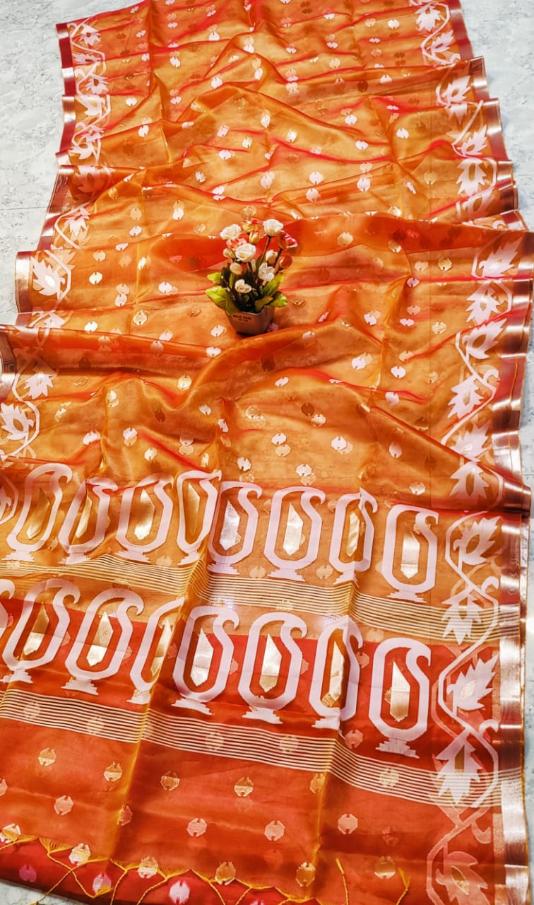 Handcrafted Orange Muslin Silk Jamdani Saree with Jari Butti Design