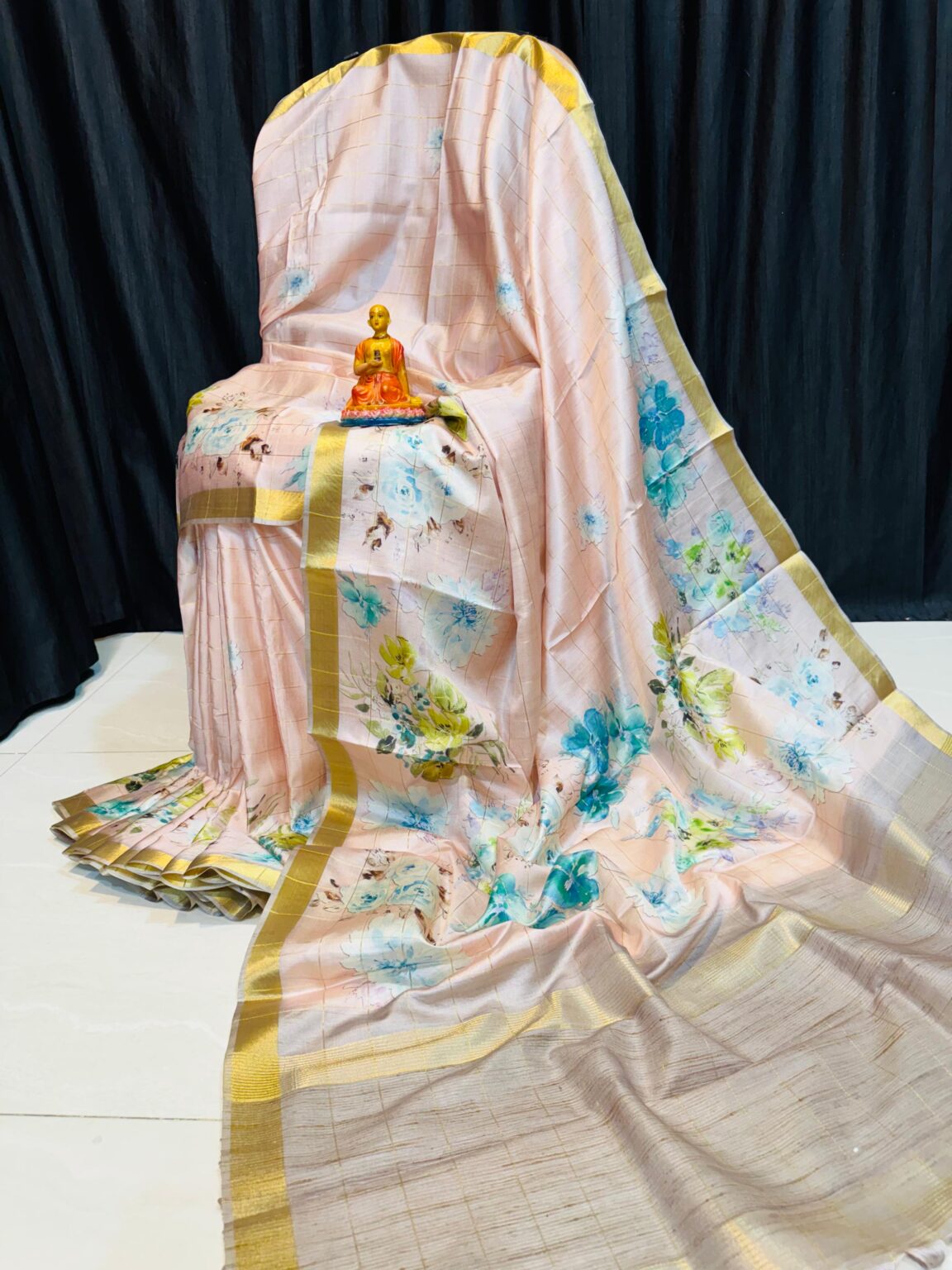 Handcrafted Peach Modal Silk Saree with Teal Floral Prints, Gold Borders & Blouse Piece