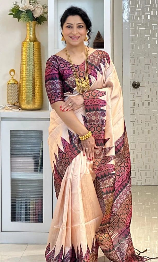 Handcrafted Peach Tussar Silk Saree with Maroon & Purple Accents | Includes Blouse Piece