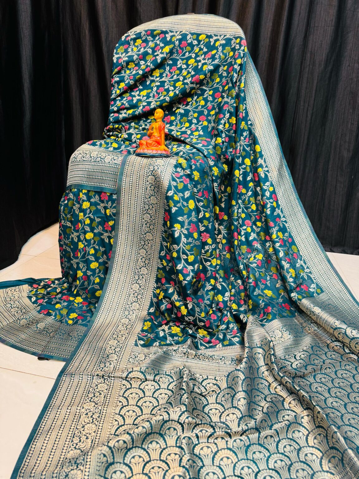 Handcrafted Peacock Blue Khadi Paithani Silk Saree with Silver Zari & Meena Floral Weave