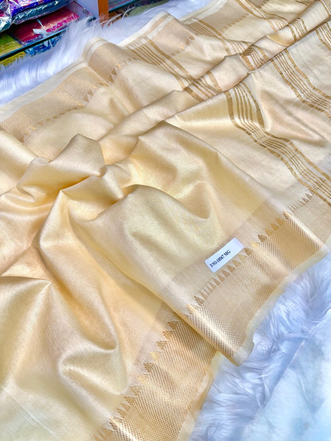Handcrafted Premium Bapta Tasar Silk Mangalagiri Saree with Elegant Golden Zari Border & Matching Blouse Piece | Soft Cream Silk Saree | Free Size