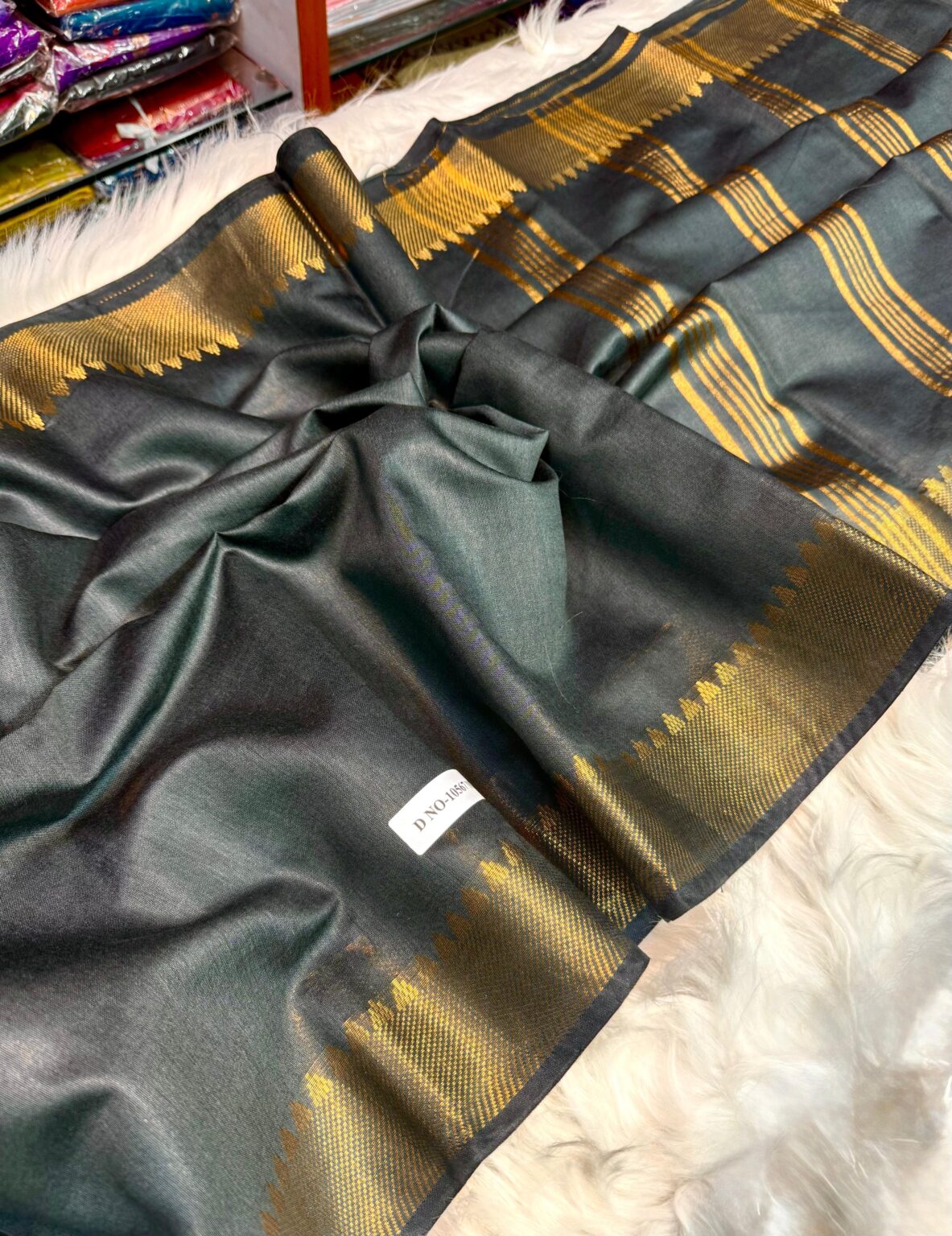 Handcrafted Premium Charcoal Black Bapta Tasar Silk Mangalagiri Saree with Rich Golden Zari Border & Matching Blouse Piece | Soft Silk Saree | Free Size