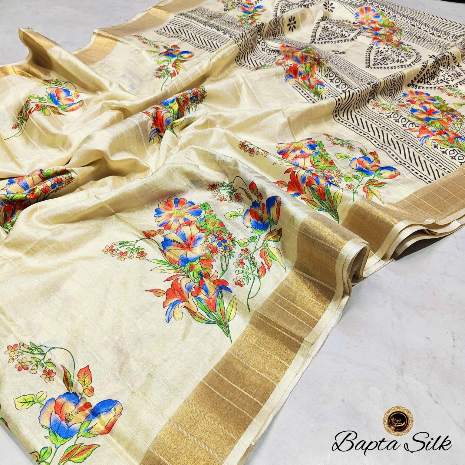 Handcrafted Pure Bapta Silk Saree with Floral Digital Print & Artistic Pallu | Soft Premium Silk Saree with Blouse Piece