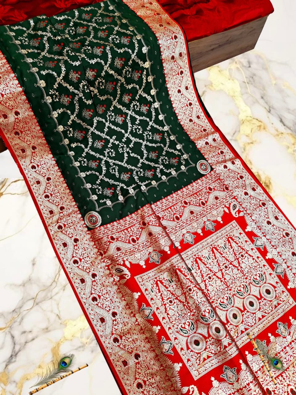 Handcrafted Puri Gazzi Satin Saree in Forest Green & Crimson Red with Golden Zari Weaving and Blouse Piece