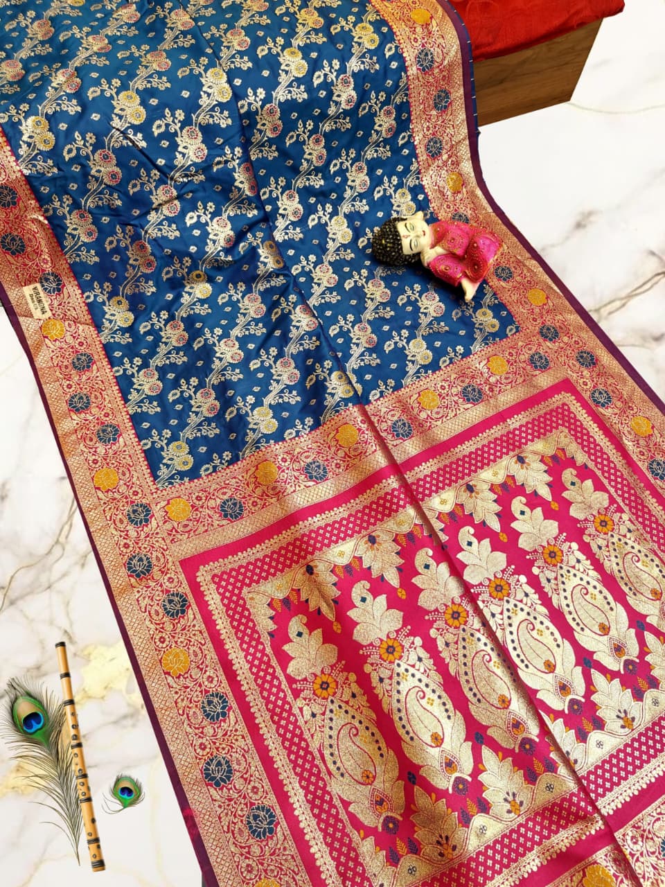 Handcrafted Puri Gazzi Satin Saree in Royal Blue & Rani Pink with Golden Zari Weaving – With Blouse Piece