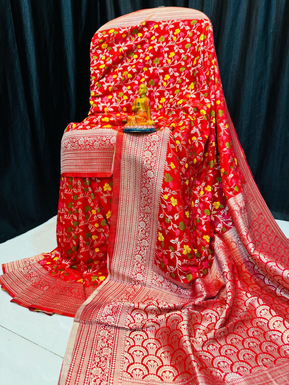 Handcrafted Red Pure Khadi Paithani Silk Saree with Silver Zari & Meena Floral Work