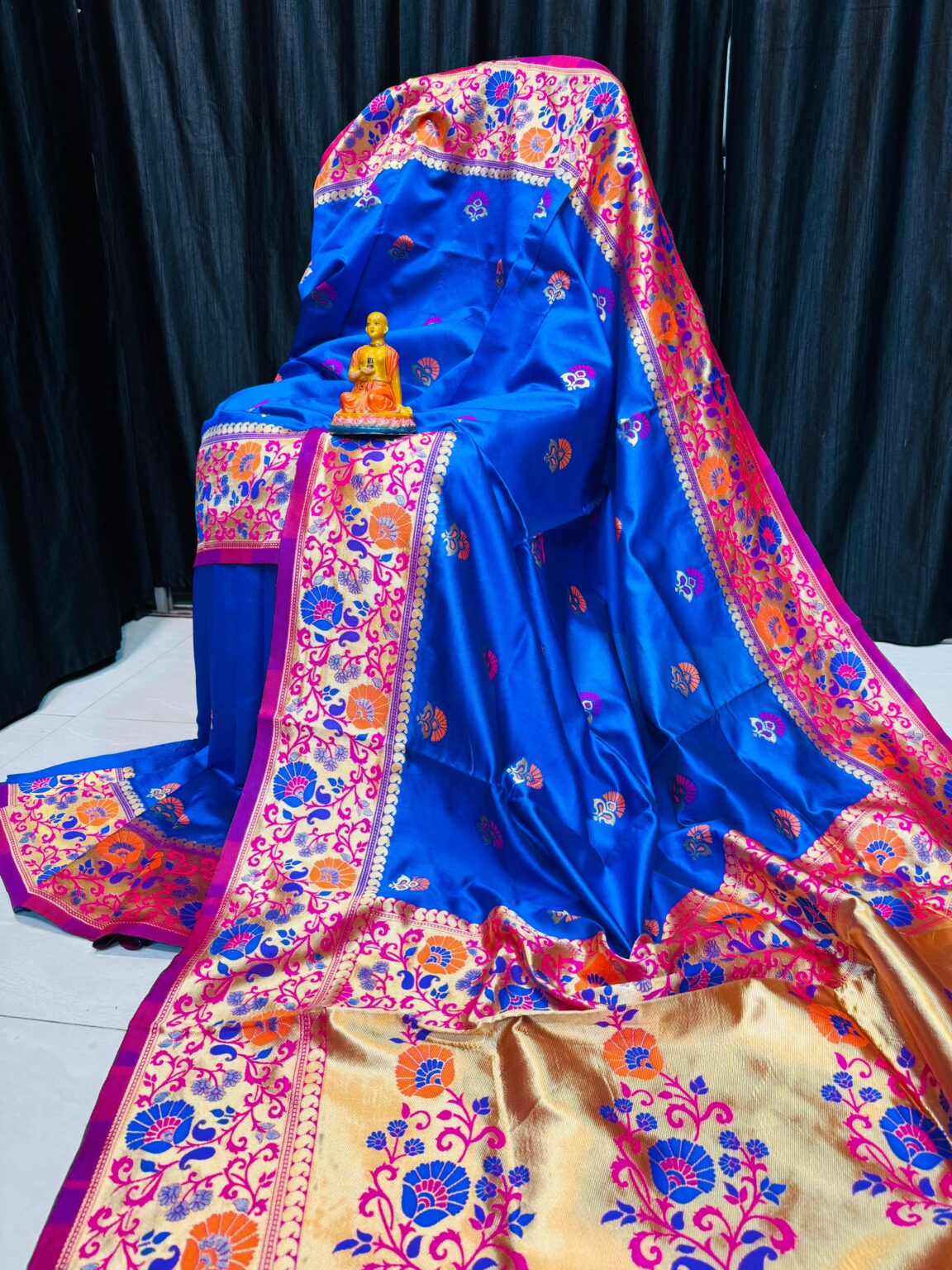 Handcrafted Royal Blue Khadi Paithani Silk Saree with Rich Gold Zari Border & Multicolor Meena Work