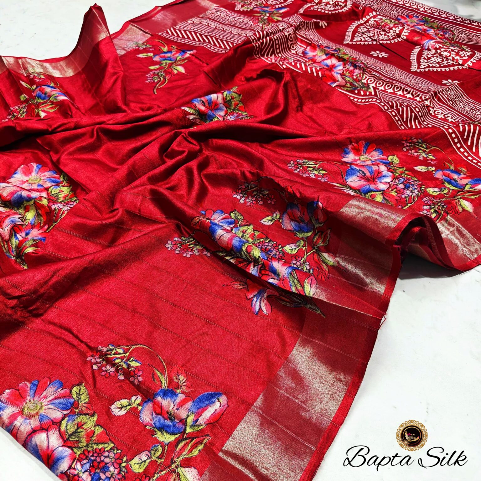 Handcrafted Ruby Red Pure Bapta Silk Saree with Floral Digital Print & Ethnic Designer Pallu | Premium Soft Silk Saree with Blouse Piece