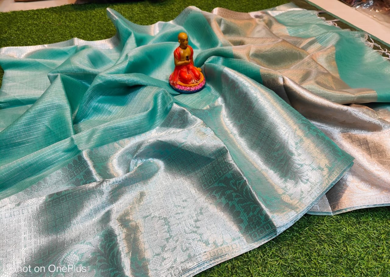 Handcrafted Sea Green Banarasi Kota Tissue Saree with Blouse Piece | Premium Zari Work